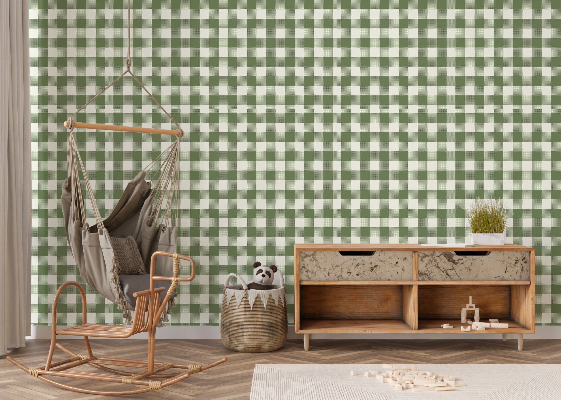 Green Gingham wallpaper in living space