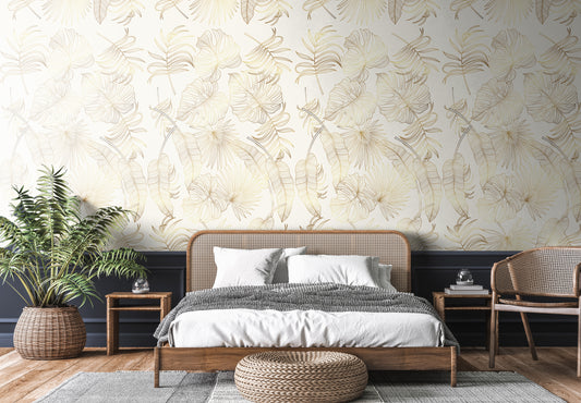 gold and cream palm removable peel and stick wallpaper in a bedroom