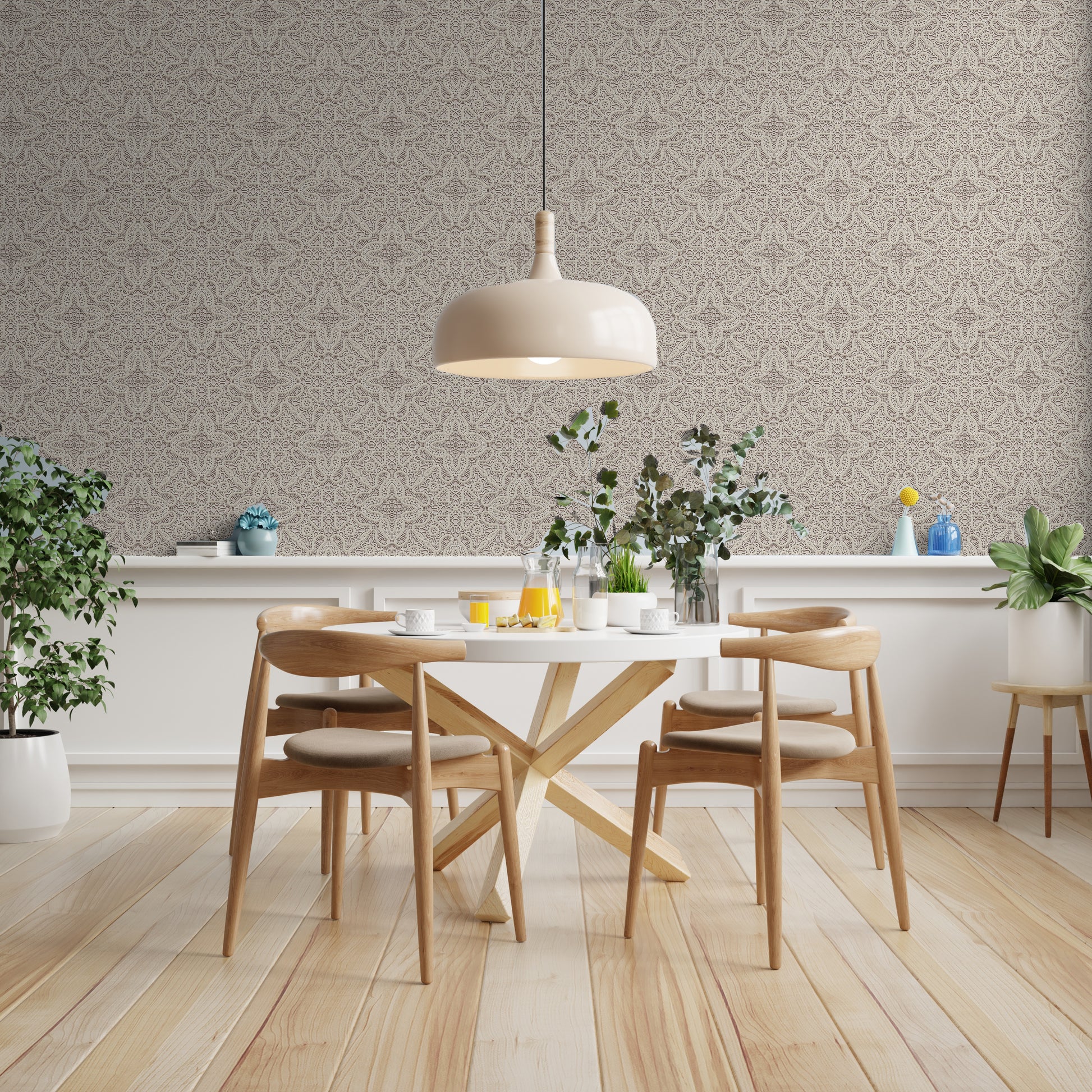 Dining room featuring easy removable peel and stick vintage lace wallpaper in a linen color. 