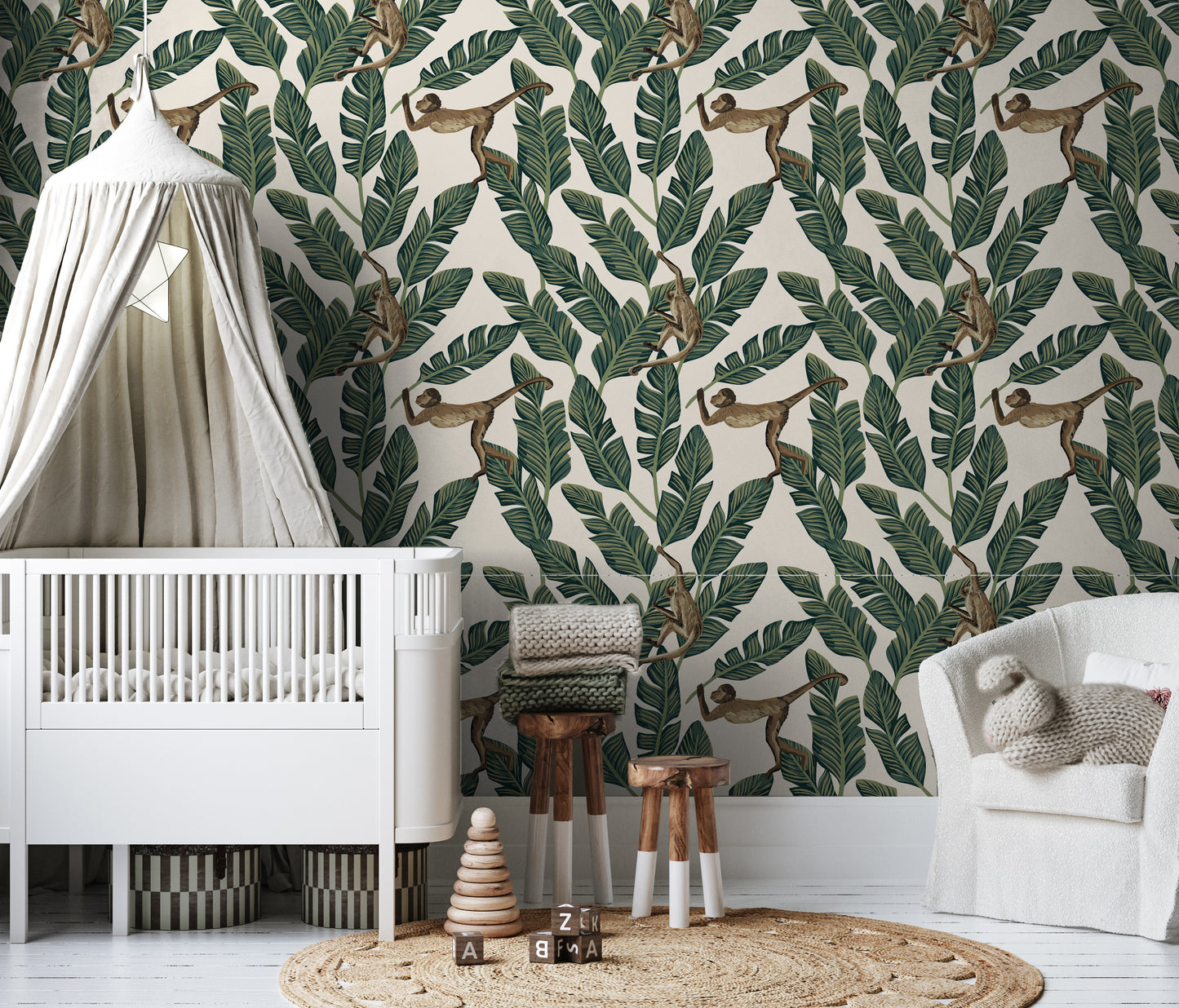 Banana leaf and monkey removable peel and stick wallpaper in nursery