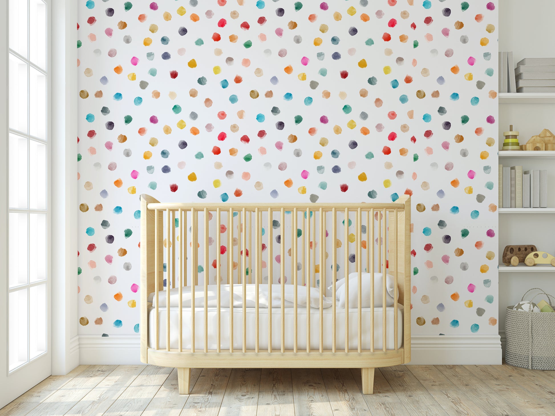Rainbow polka dot removable peel and stick wallpaper in nursery