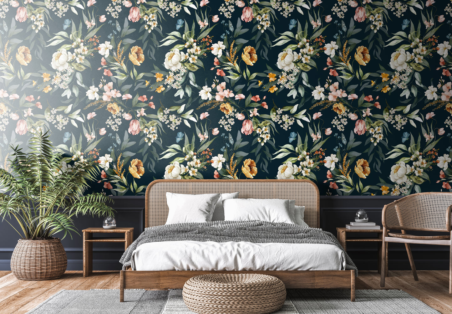 Navy Floral print wallpaper in bedroom
