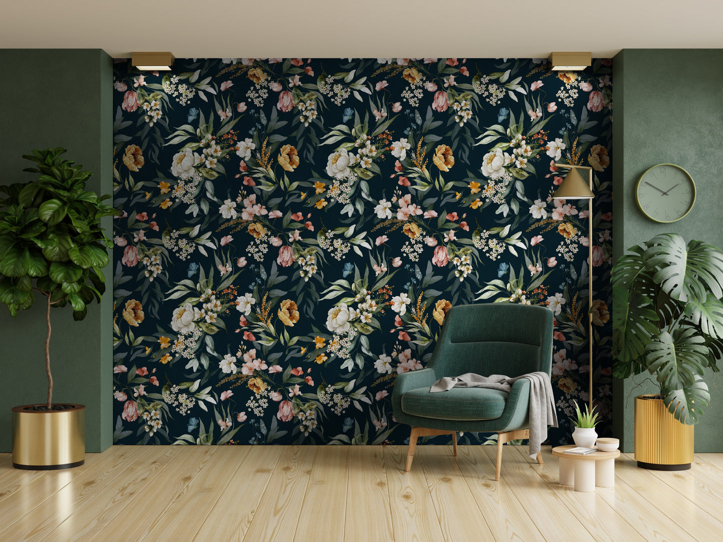 Floral peony wallpaper shown next green wall