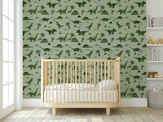 Green Dinosaur removable peel and stick wallpaper in nursery