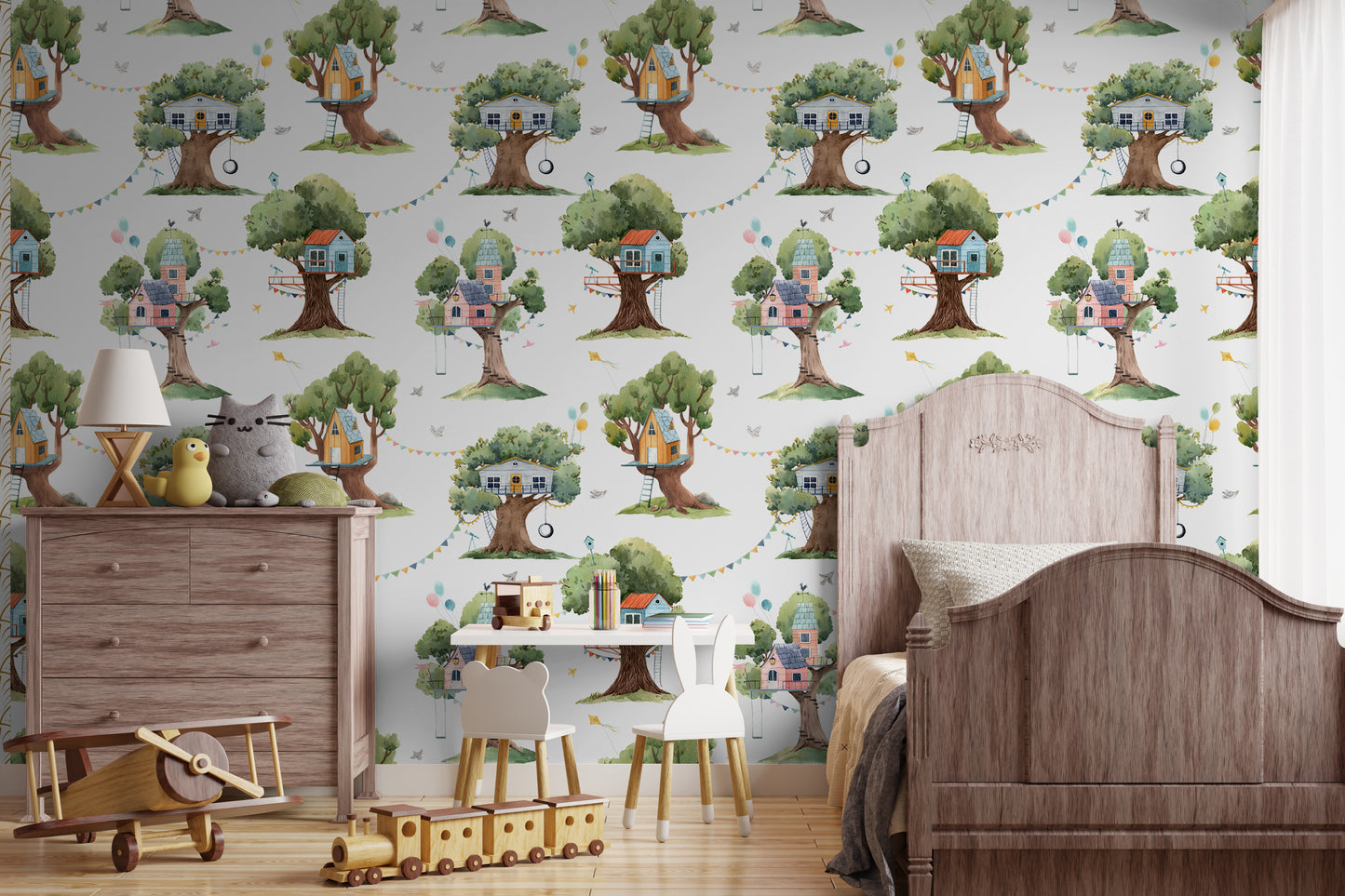 Boys room with treehouse wallpaper
