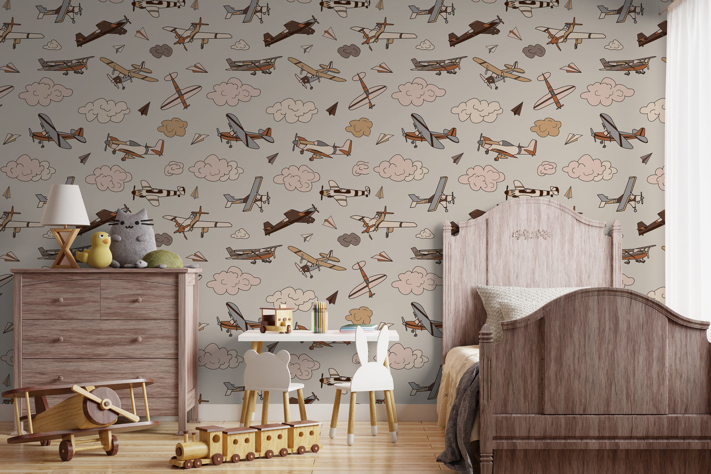 vintage neutral removable peel and stick wallpaper in boys room