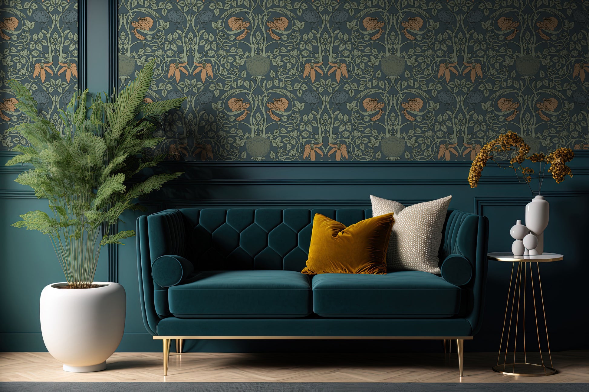 Beautiful living room in jewel tones with soft velvet sofa. On the wall is our easy removable dark floral peel and stick wallpaper. 