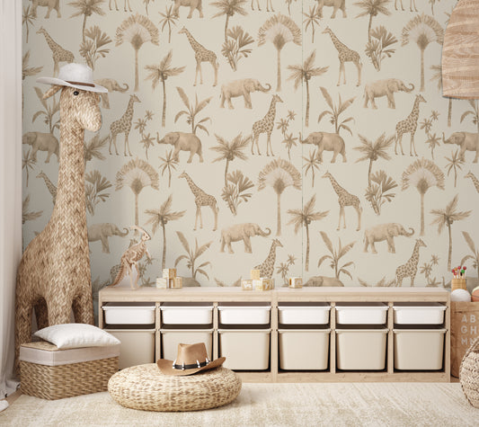 Neutral jungle removable peel and stick wallpaper in playroom