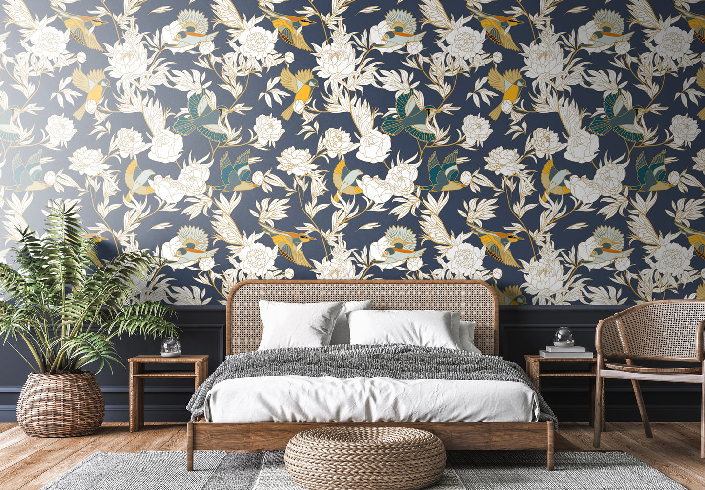 Floral Ceramic Bird Removable Peel And Stick Wallpaper