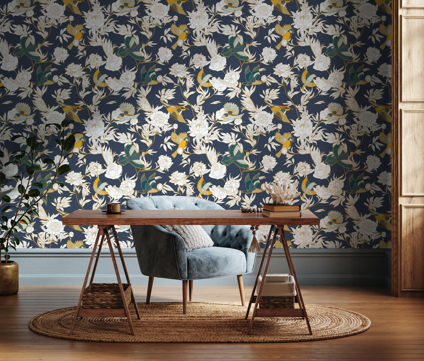 Floral Ceramic Bird Removable Peel And Stick Wallpaper