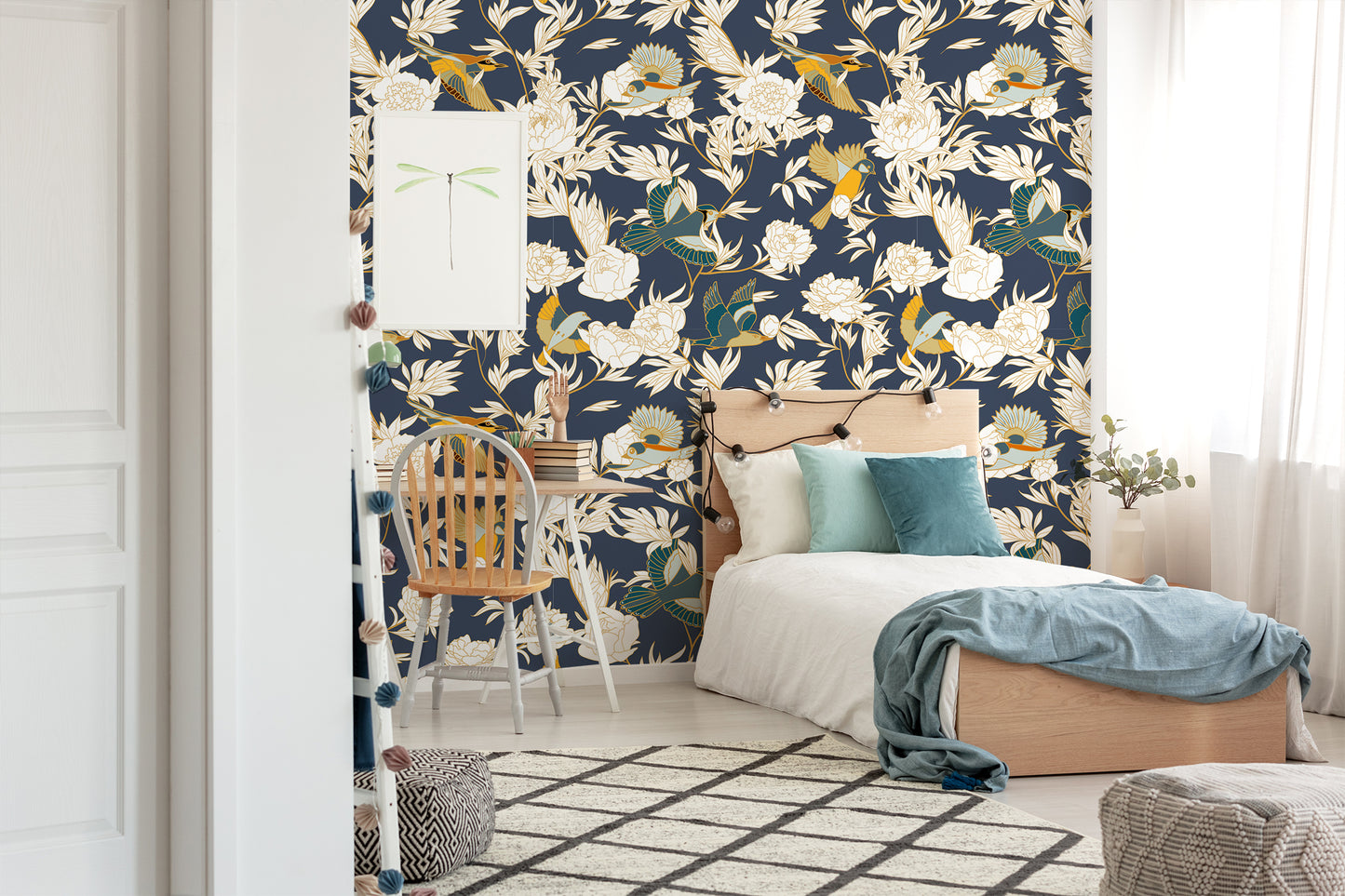 Floral Ceramic Bird Removable Peel And Stick Wallpaper