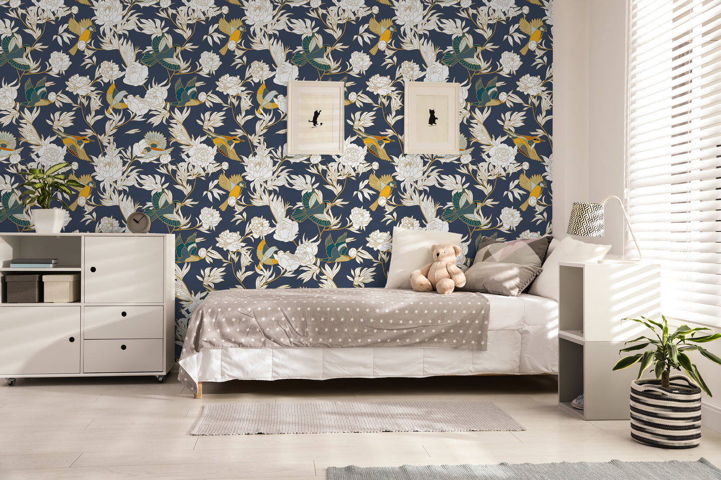 Floral Ceramic Bird Removable Peel And Stick Wallpaper