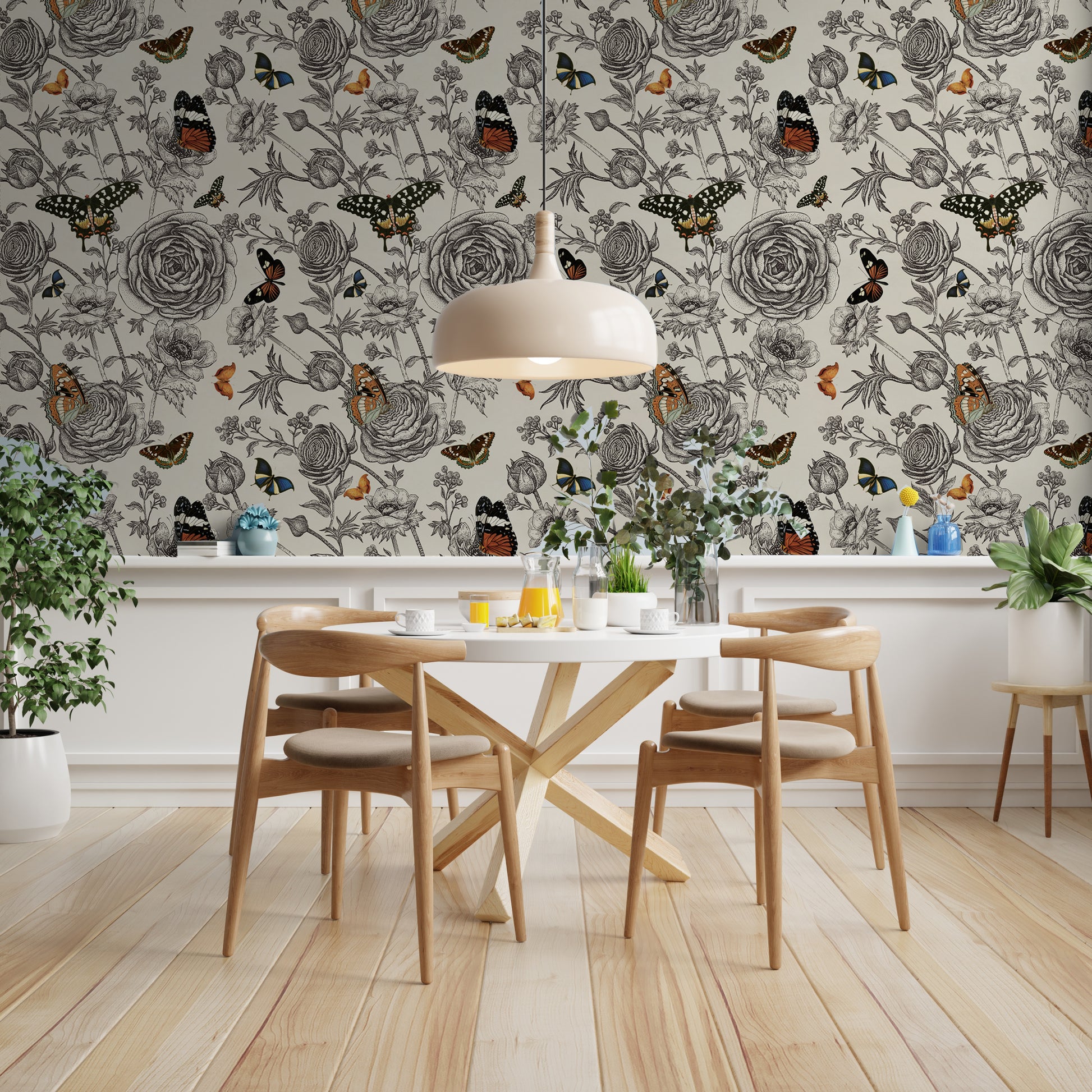 Black and white butterfly wallpaper shown in a dining room