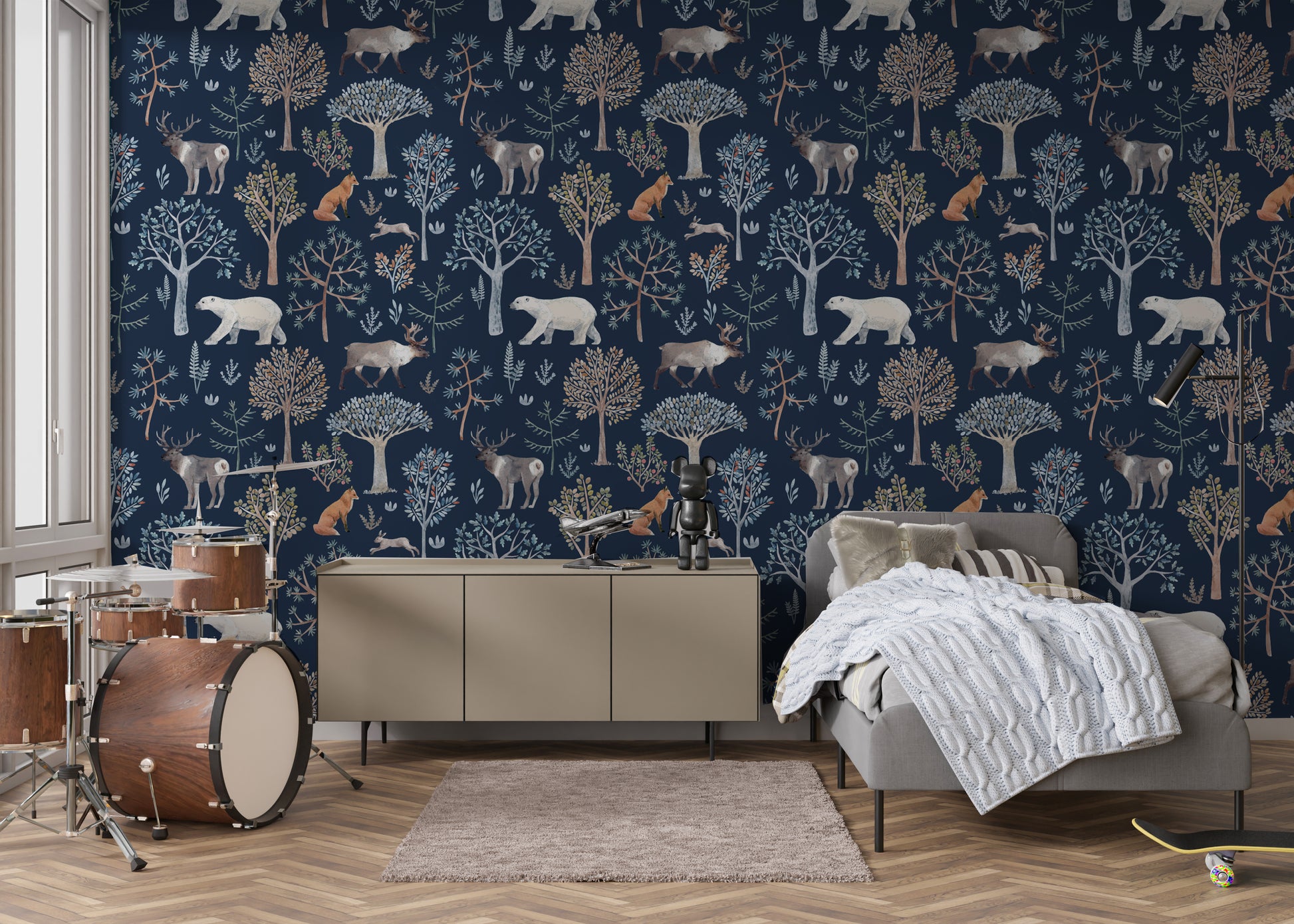 Woodland removable peel and stick wallpaper in boys bedroom