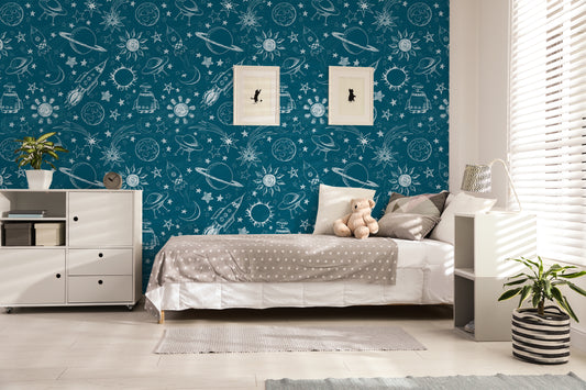 space themed easy removable peel and stick wallpaper in a kids bedroom