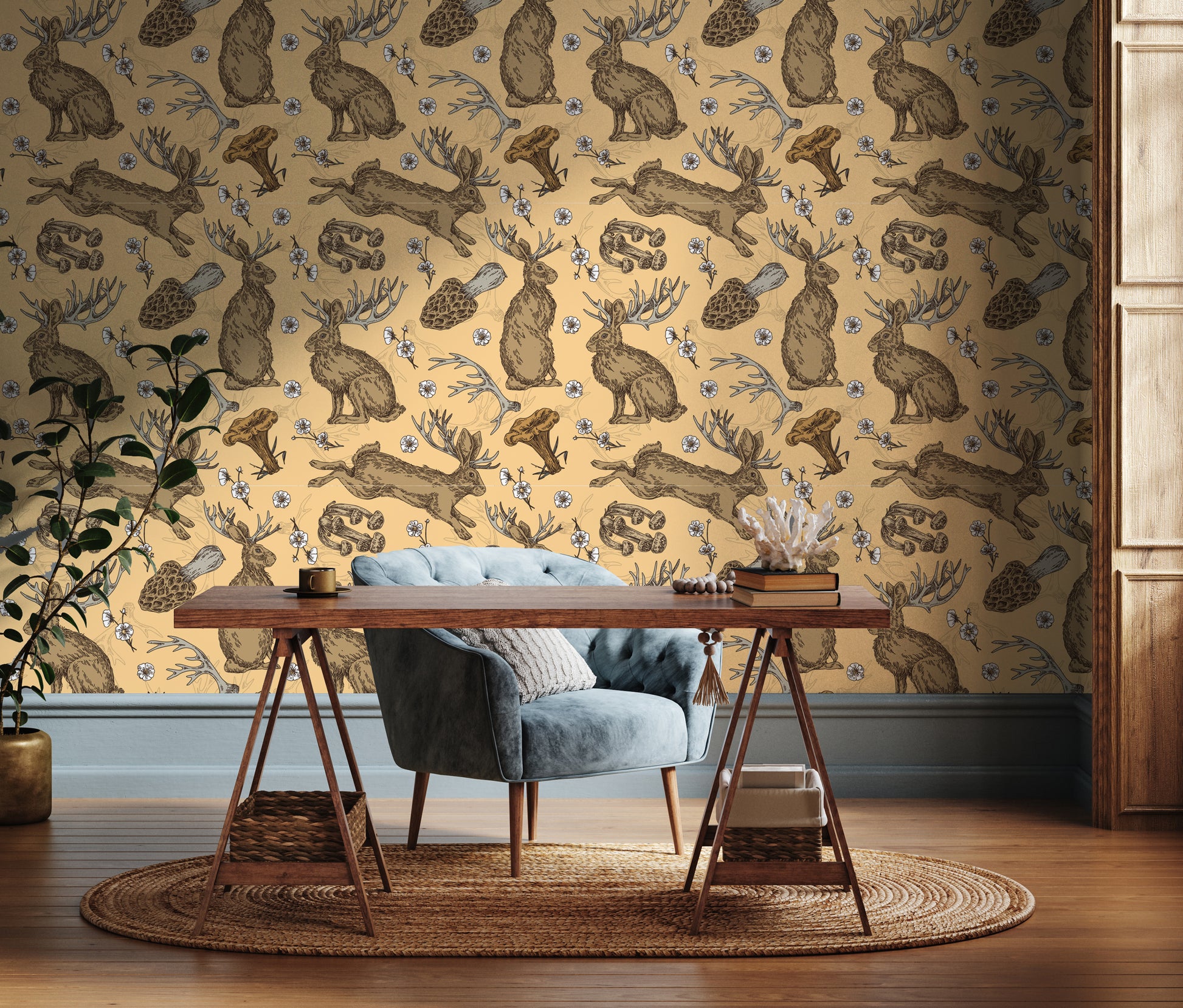 Jackalope and mushroom removable peel and stick wallpaper in a home office
