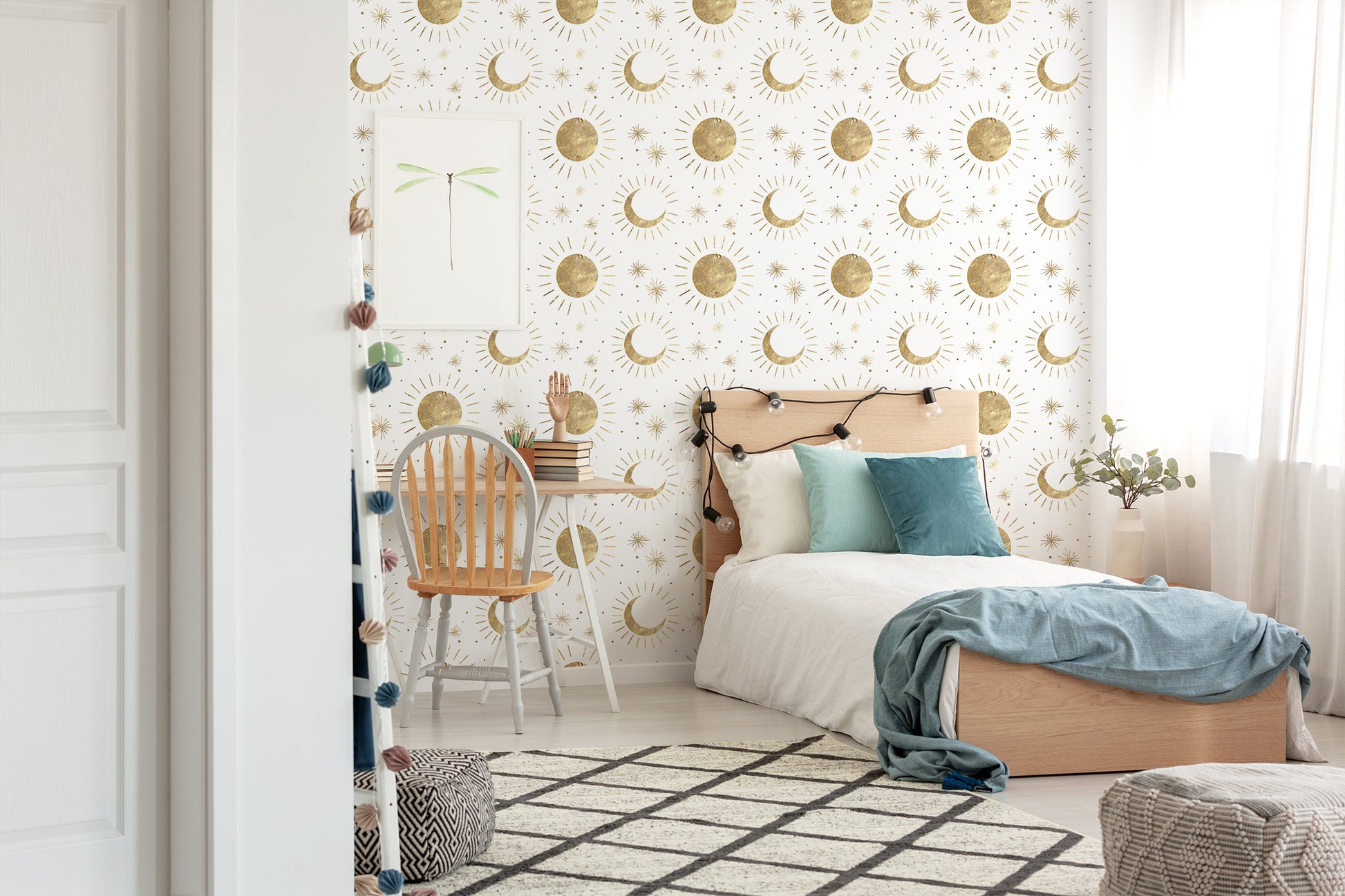 sun, moon, and stars removable peel and stick wallpaper in bedroom
