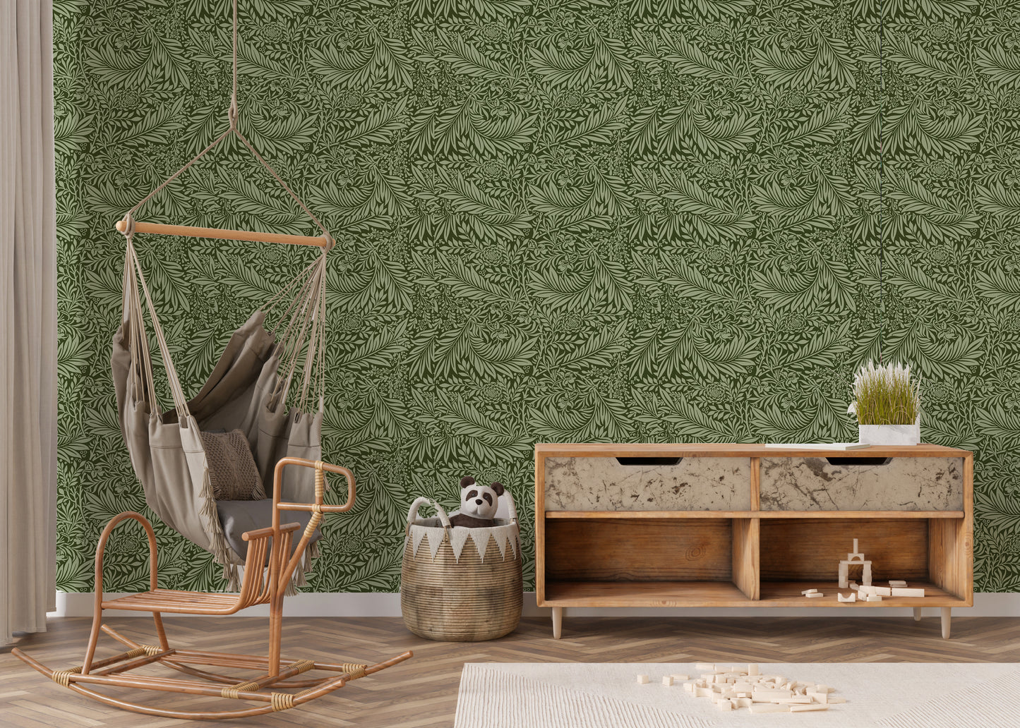 green vintage fern removable peel and stick wallpaper in playroom