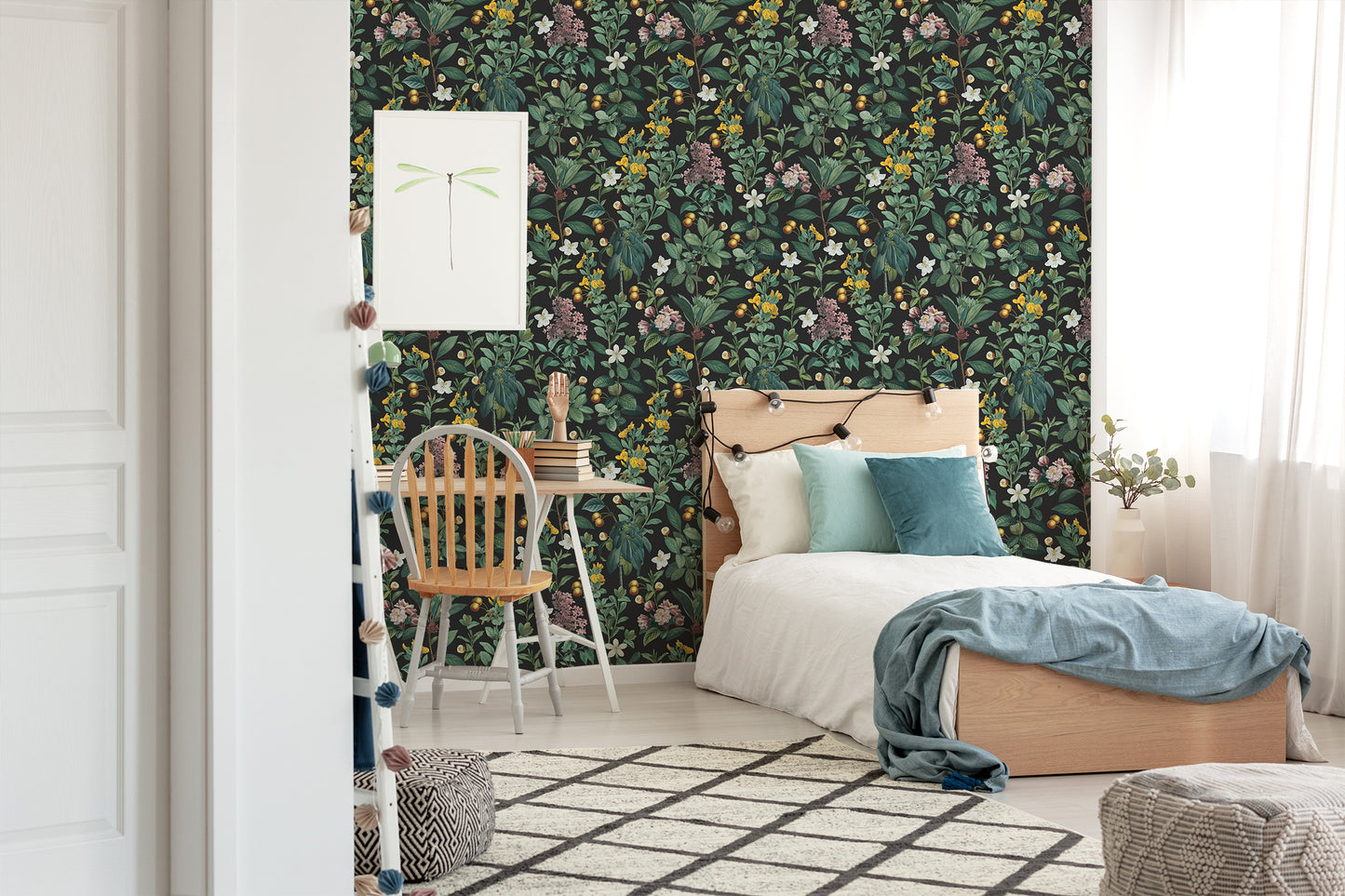 dark floral removable wallpaper in bedroom