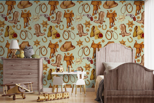 Western removable peel and stick wallpaper in bedroom