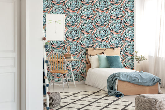 Pop Art style succulent removable peel and stick wallpaper in bedroom