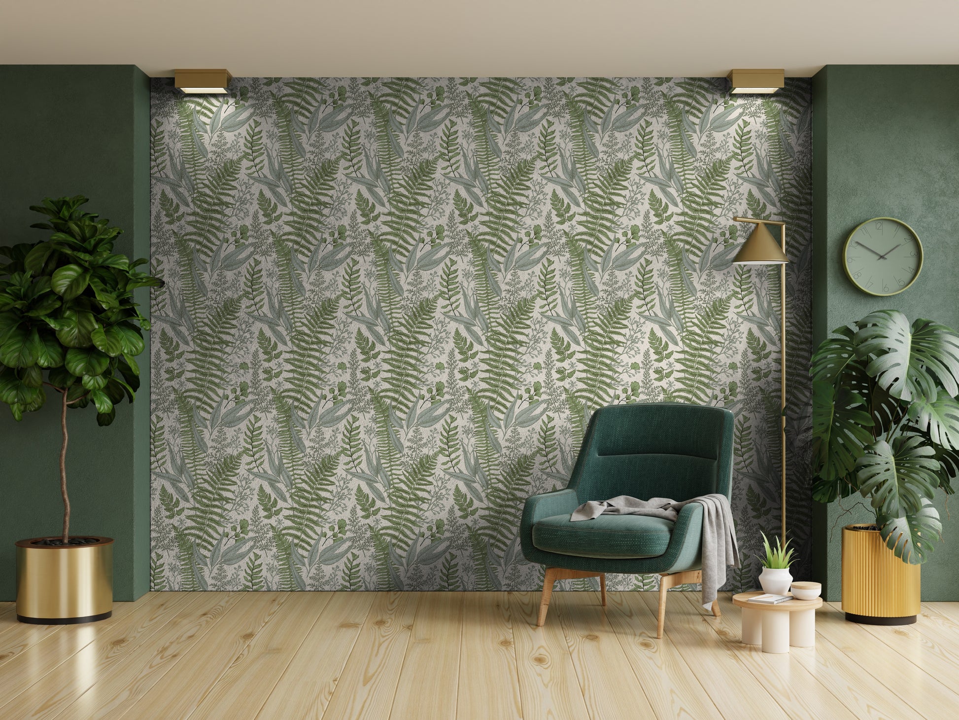 Floral print wallpaper next to green wall